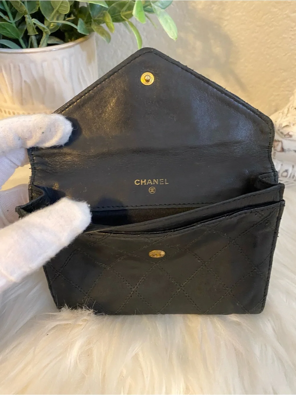 Vintage Chanel Black Quilted Envelope Wallet 1980s